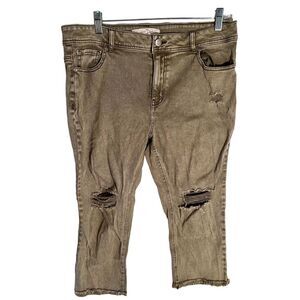 Denim & Co Distressed Cropped Curvy Jeans Olive/Tan Wash Size 12